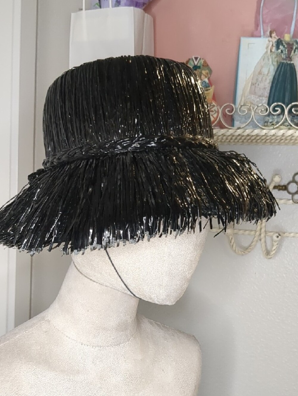 Vintage 50s Herbert Elster Black Straw Hat Summer Beach Made In Italy - Picture 4 of 13